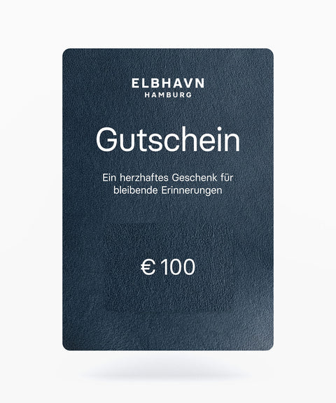 ELBHAVN Geschenkgutschein im Wert von €100 für handgefertigte Lederaccessoires und bleibende Erinnerungen.