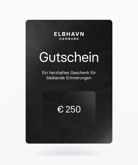 ELBHAVN Geschenkgutschein im Wert von 250 Euro für handgefertigte Lederwaren in Hamburg.