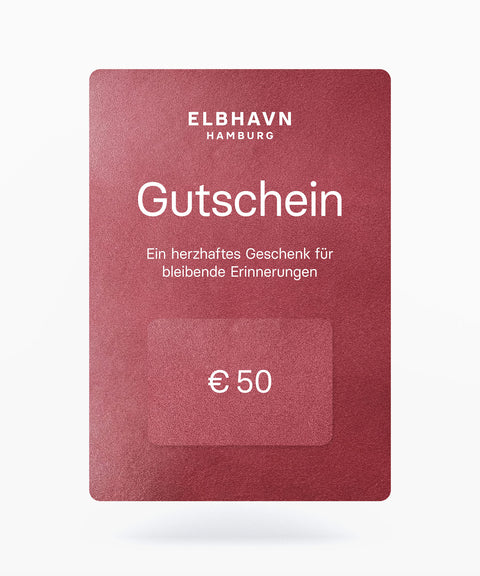 ELBHAVN Geschenkgutschein im Wert von €50 für handgefertigte Lederaccessoires und besondere Erinnerungen.